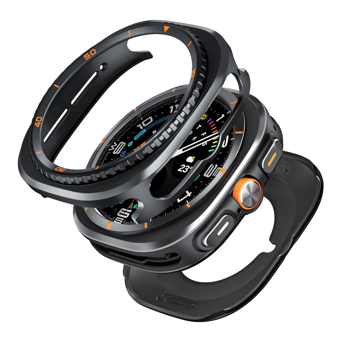 Eine schwarze Schutzhülle für eine Smartwatch mit orangefarbenen Akzenten.