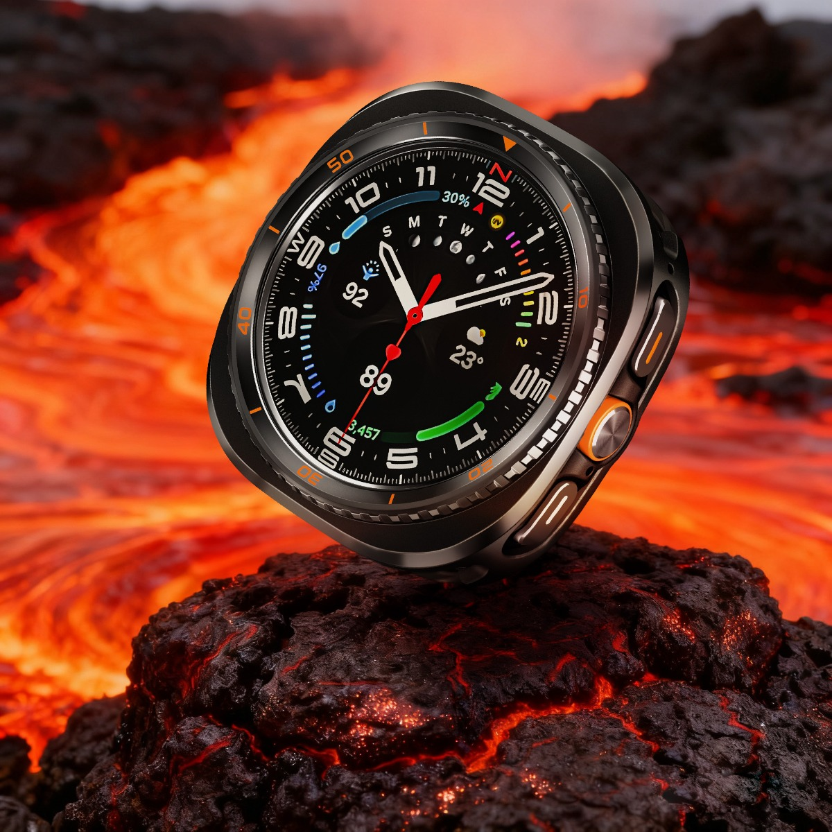 Eine Smartwatch auf einem dunklen Felsen vor fließender Lava
