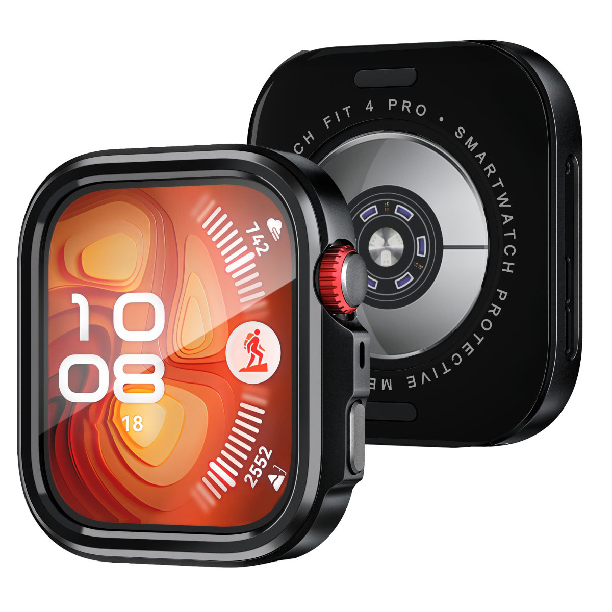 Due custodie protettive nere per smartwatch con pulsanti rossi. Una mostra un display colorato.