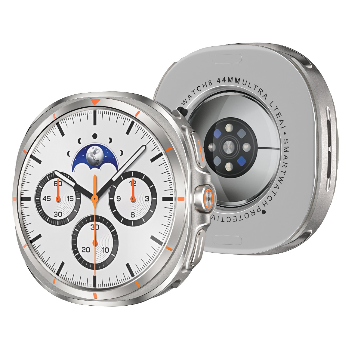 Eine silberne Smartwatch mit weißem Zifferblatt und Mondphasenanzeige.