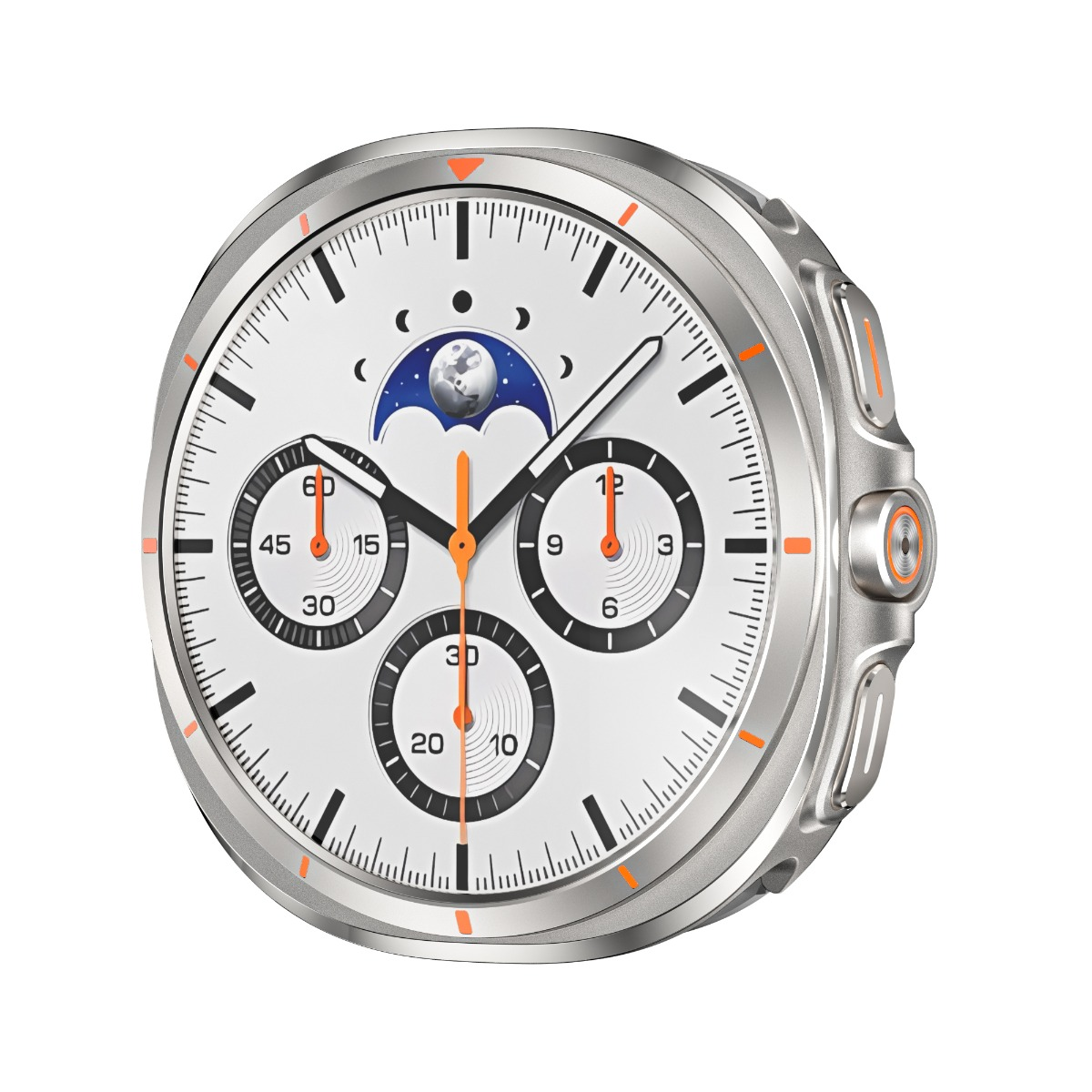 Silberne Smartwatch mit weißem Zifferblatt, Mondphase und drei Chronographen.