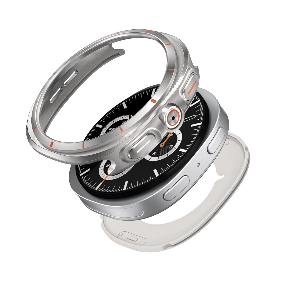 Silberne Smartwatch mit schwarzem Zifferblatt, orangefarbenen Markierungen und abnehmbarem Ring.