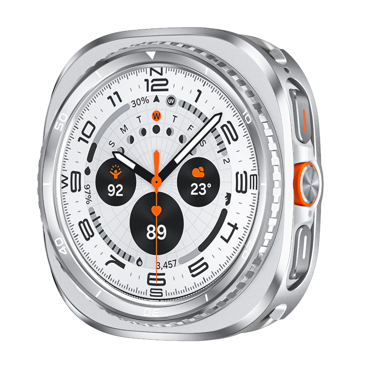Smartwatch argentato con quadrante bianco mostra 92, 23 gradi, 89, 97% batteria.