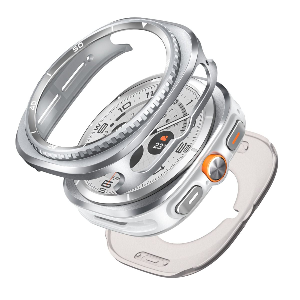 Custodia argentata per smartwatch con quadrante esposto e accenti arancioni.