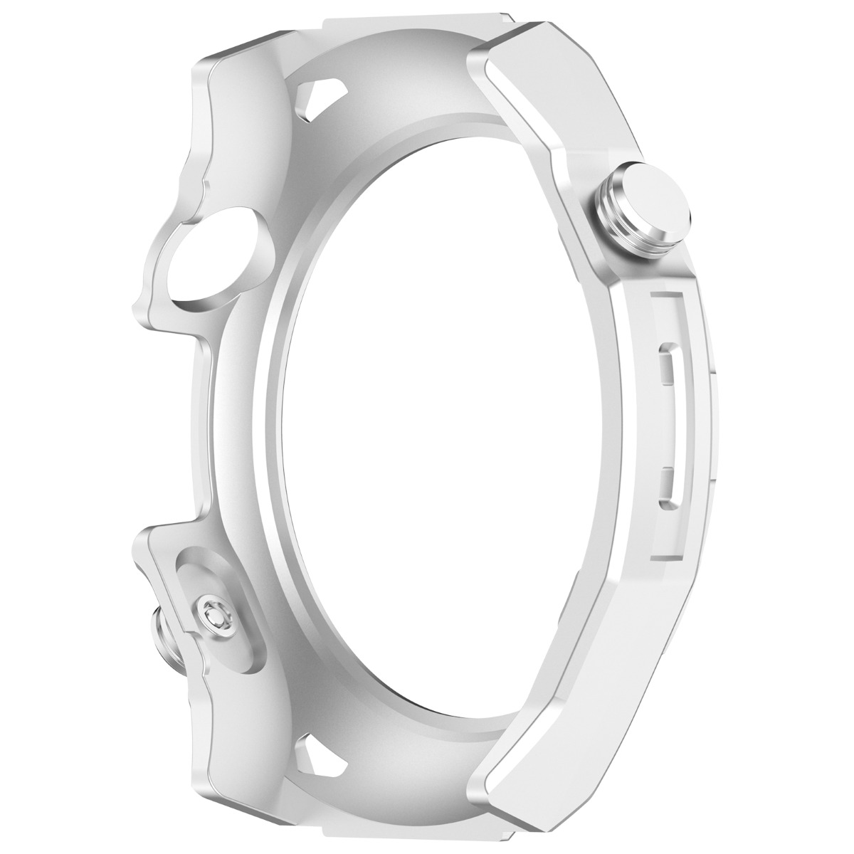 Una ghiera bianca per orologio con pulsanti laterali, su sfondo bianco.