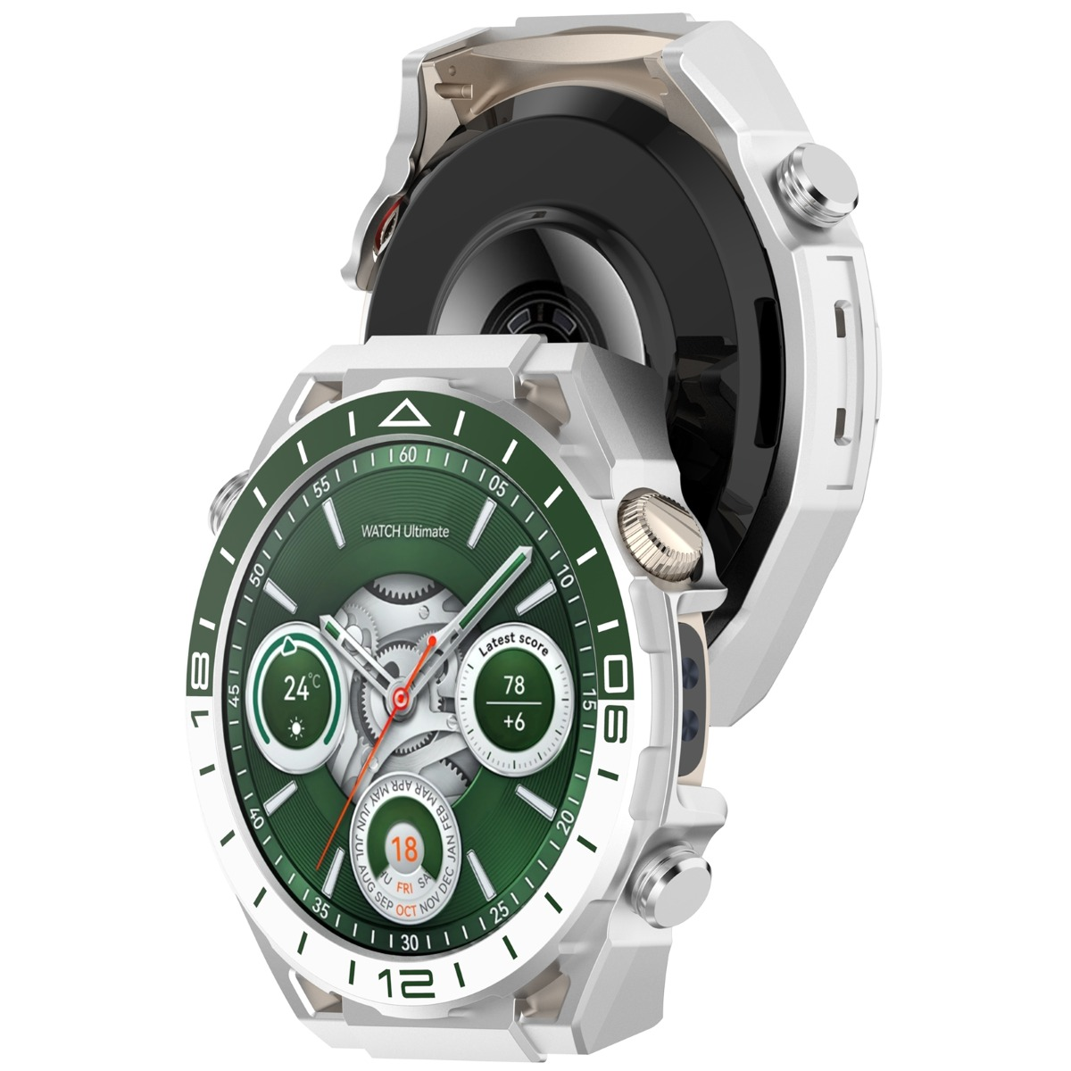 Uno smartwatch argentato con quadrante verde e segni bianchi.
