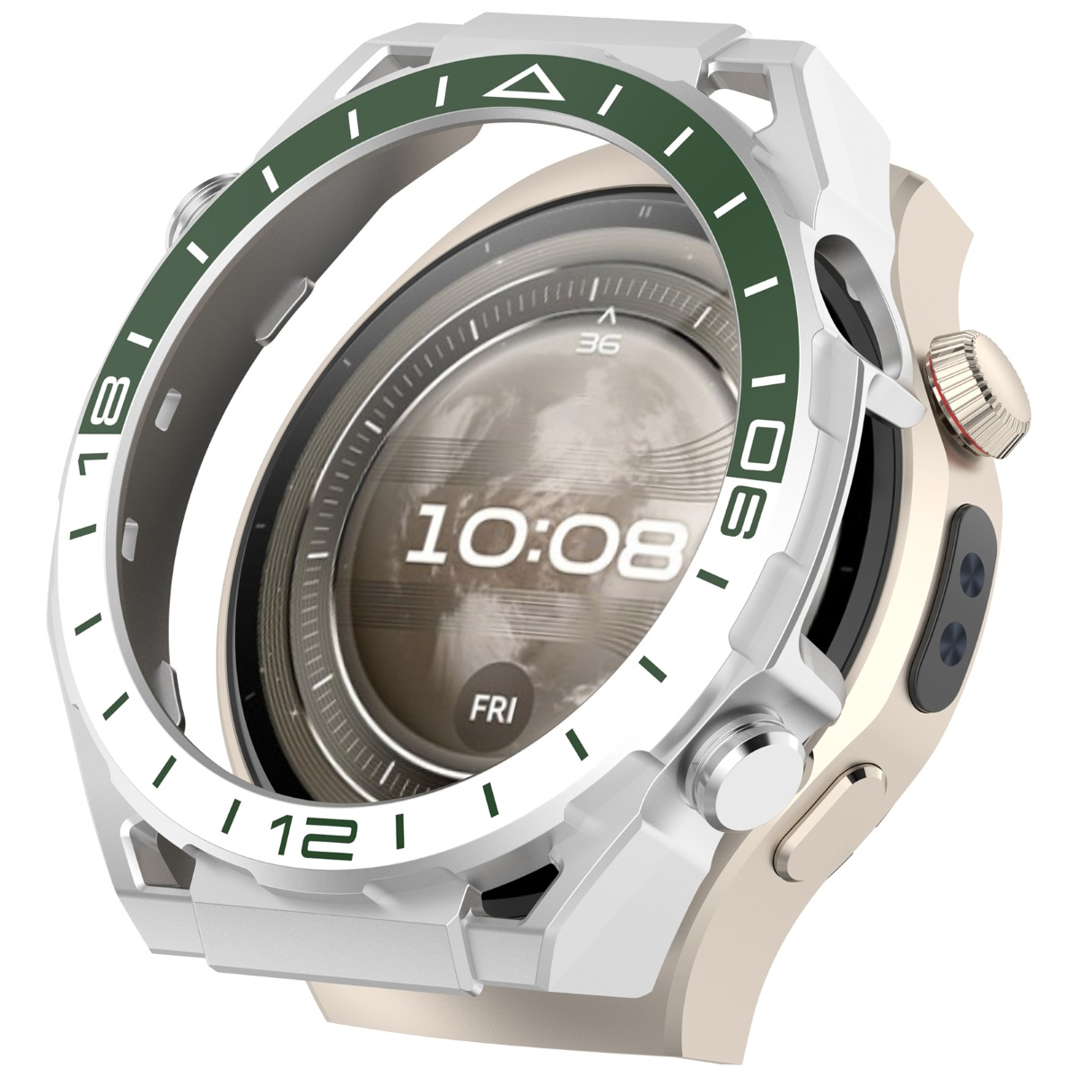 Una ghiera argentata per smartwatch con segni verdi e display che mostra le 10:08.
