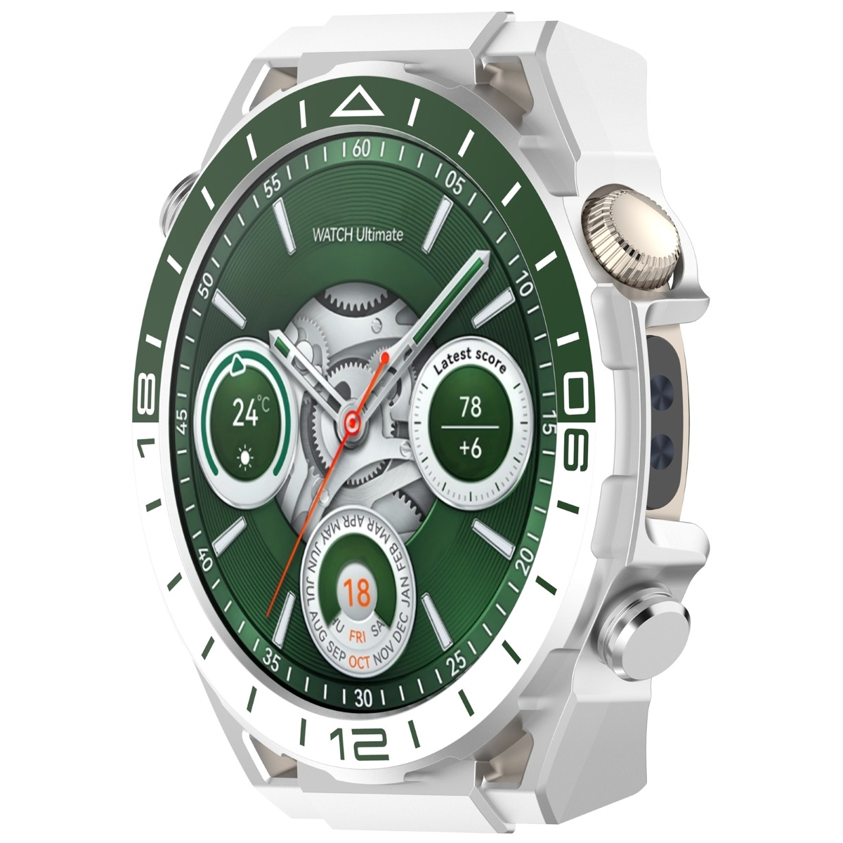 Smartwatch bianco con quadrante verde e accenti argentati.