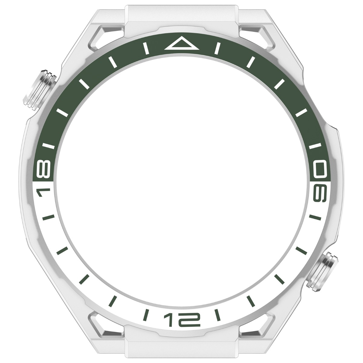 Una ghiera di orologio bianca con marcatori e numeri verdi.