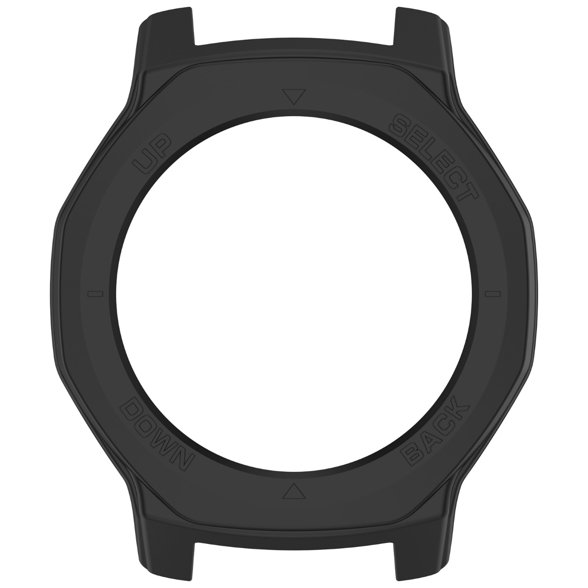 Lunetta nera con testo UP, SELECT, DOWN, BACK. Sfondo bianco.