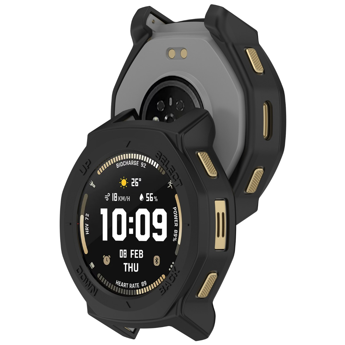 Smartwatch nero con accenti dorati, mostra le 10:09, data, temperatura e battito cardiaco.