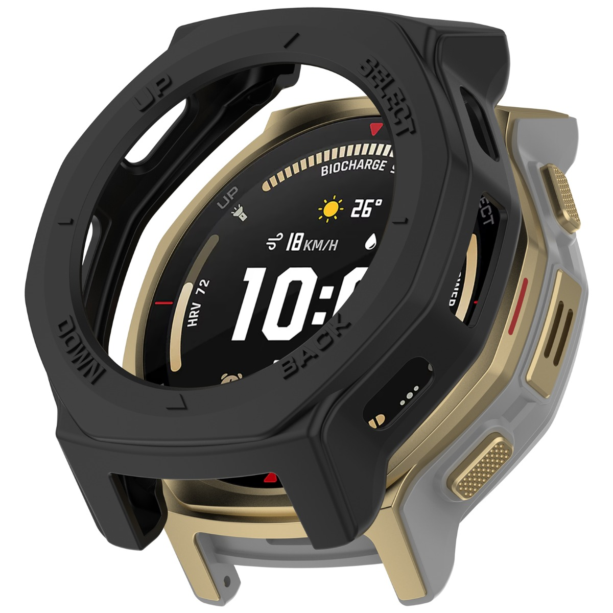 Smartwatch con cassa nera e oro, mostra 10:00, 26°C e 18 km/h.