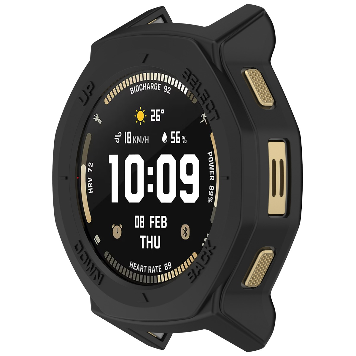 Smartwatch nero con ghiera dorata mostra 10:09, data, battito cardiaco, velocità.