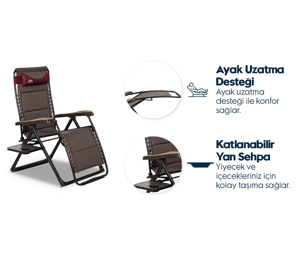 Ayak uzatmalı ve katlanabilir yan sehpali kahverengi sandalye.