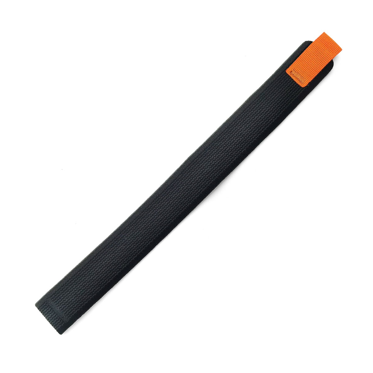 Custodia nera per coltello con passante arancione, su sfondo bianco.