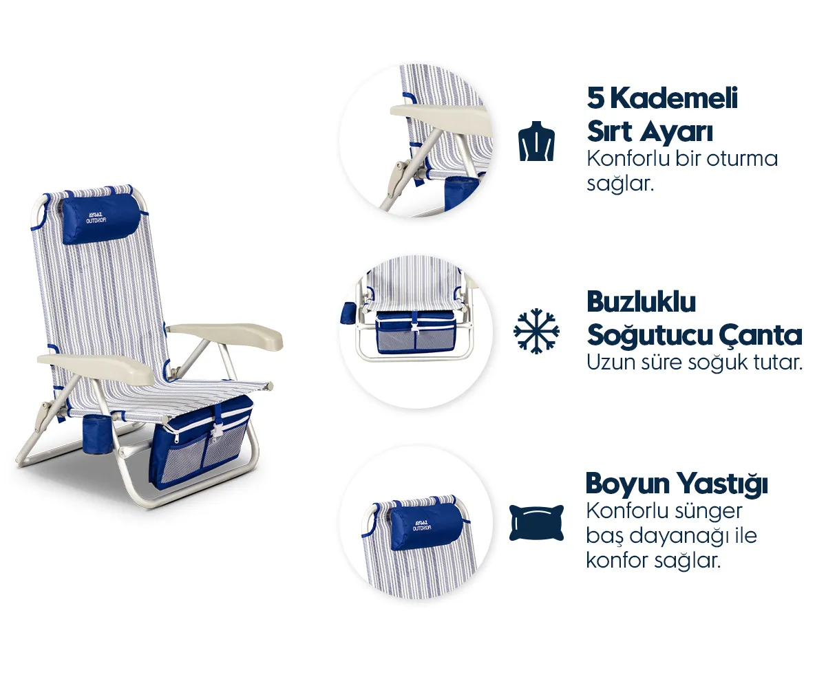 Mavi ve beyaz çizgili katlanır plaj sandalyesi, kolçaklı, çantalı ve yastıklı.
