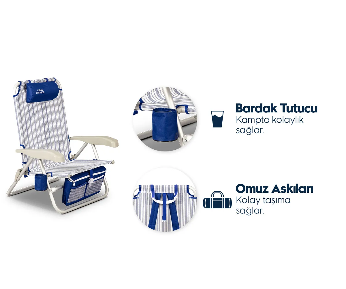 Mavi beyaz çizgili plaj sandalyesi, bardak tutucu ve saklama çantalı.