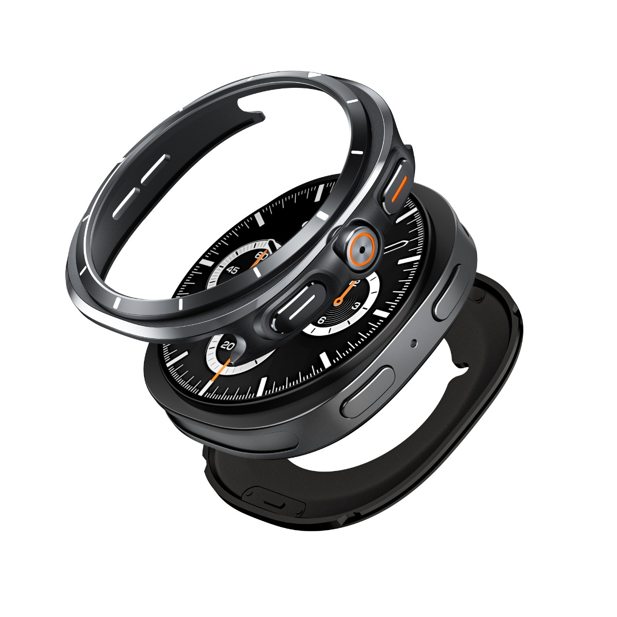 Vista esplosa di uno smartwatch scuro con accenti arancioni.