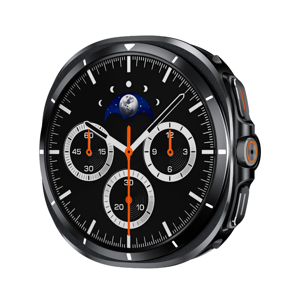 Uno smartwatch nero con complicazione fasi lunari e tre sottoquadranti.