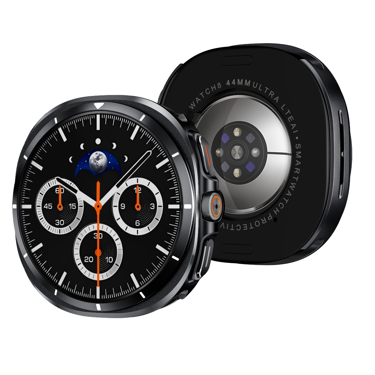 Un quadrante di smartwatch nero con display delle fasi lunari e tre sottoquadranti.