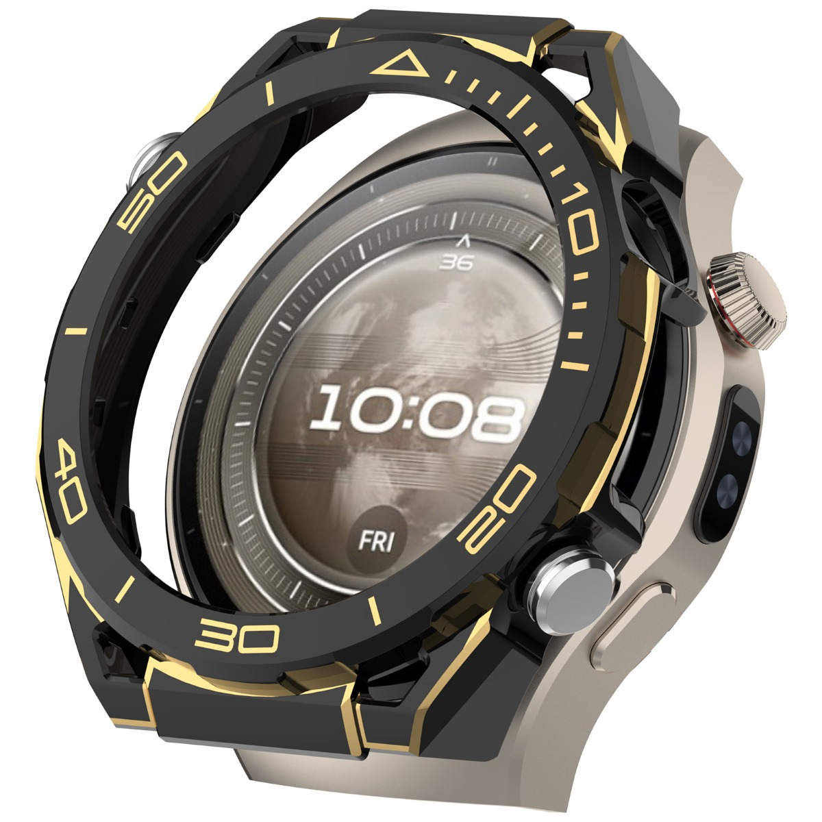 Una ghiera nera con segni dorati circonda un display di smartwatch che mostra le 10:08.