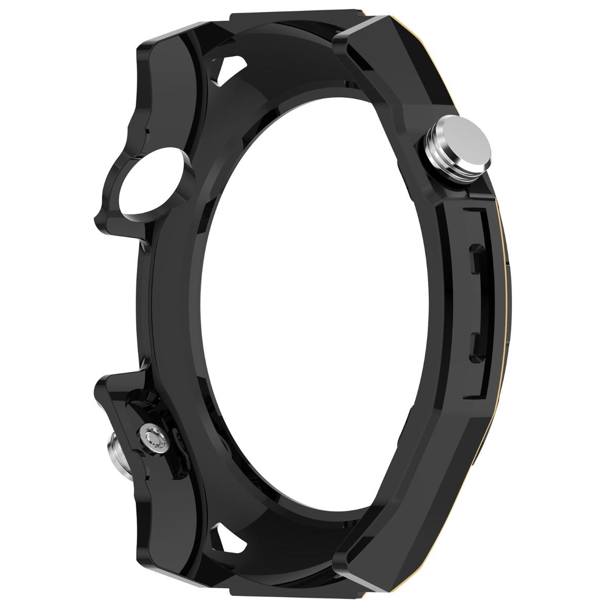 Custodia nera per orologio con pulsanti argentati su sfondo bianco.