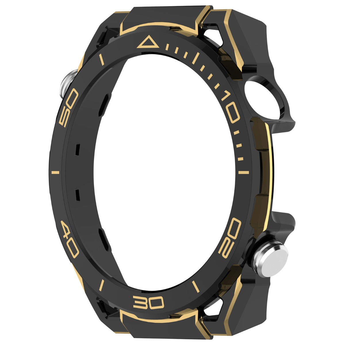 Ghiera nera per orologio con segni e numeri dorati, su sfondo bianco.