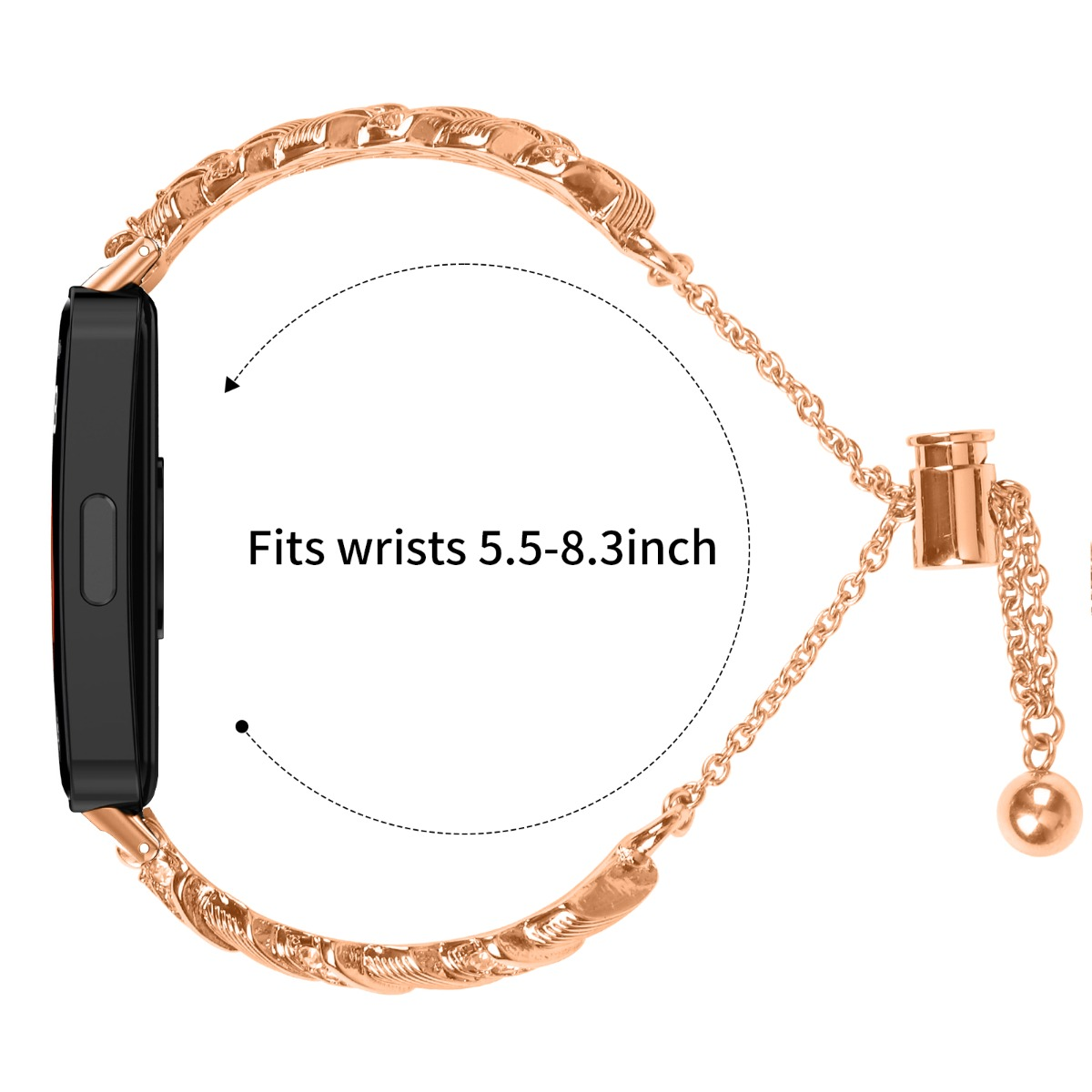 Ein roségoldenes Armband mit einer Smartwatch-Hülle, passend für Handgelenke von 13,9-21,1 cm.