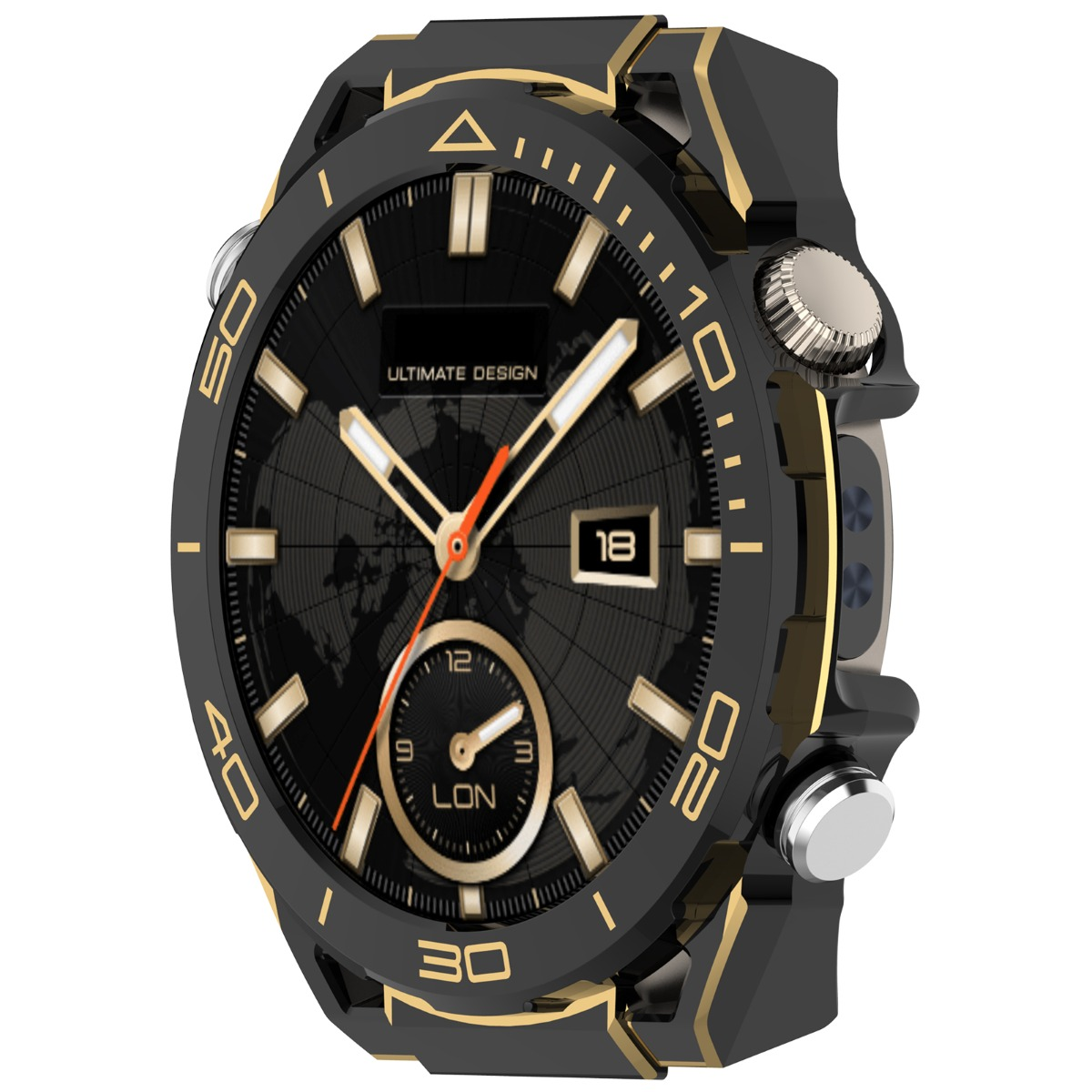 Smartwatch nero con accenti dorati e quadrante mappa del mondo.