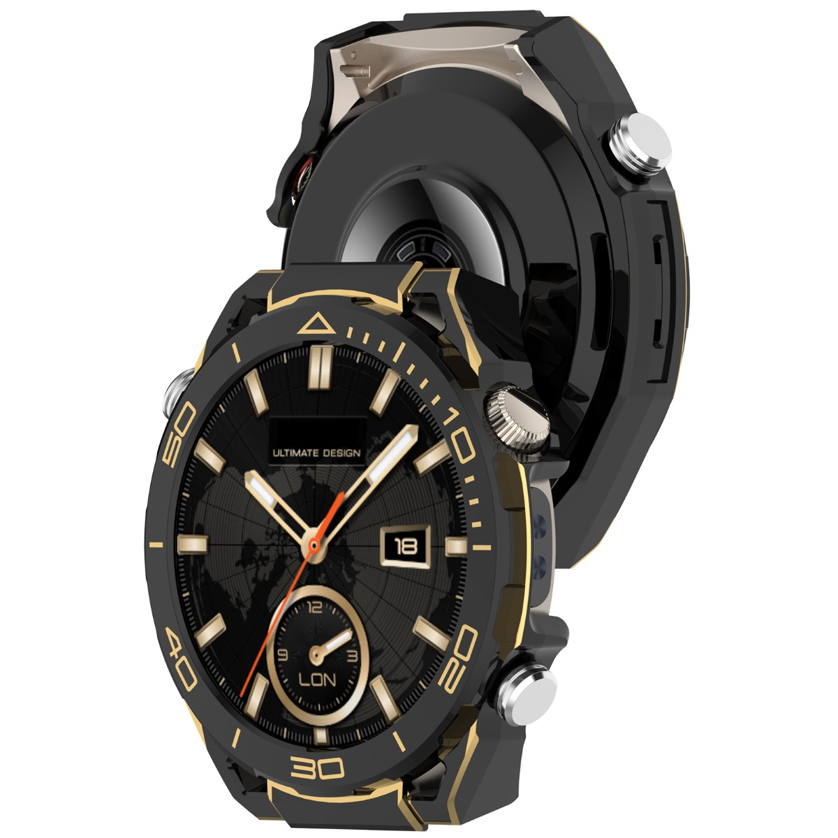 Smartwatch nero e oro con quadrante mappa del mondo. Vengono mostrati due orologi.