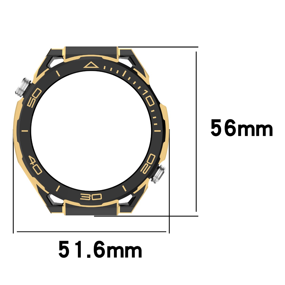 Ghiera nera con segni e numeri dorati. Dimensioni 51,6 mm x 56 mm.