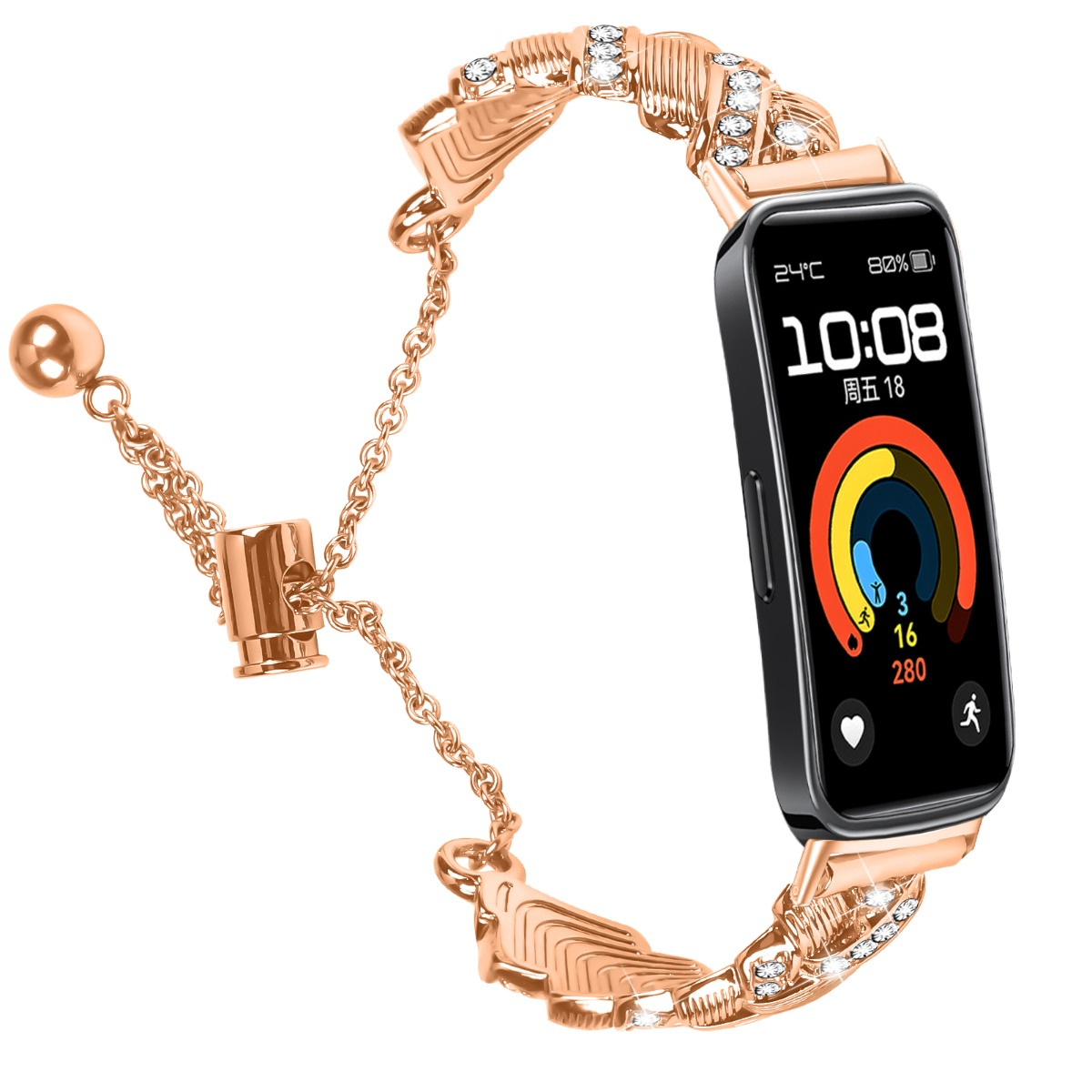 Rosegoldene Smartwatch mit Zirkoniasteinen besetztem Armband. Anzeige zeigt 10:08 Uhr.