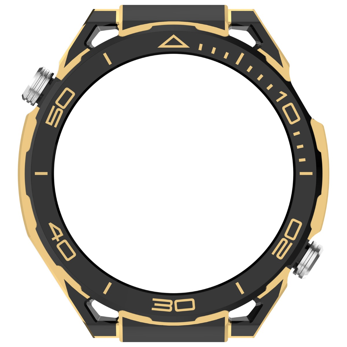 Ghiera per orologio nera con segni e numeri dorati.