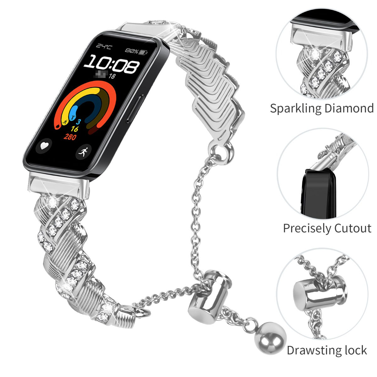 Bracciale d'argento per smartwatch con pietre scintillanti e chiusura a coulisse.