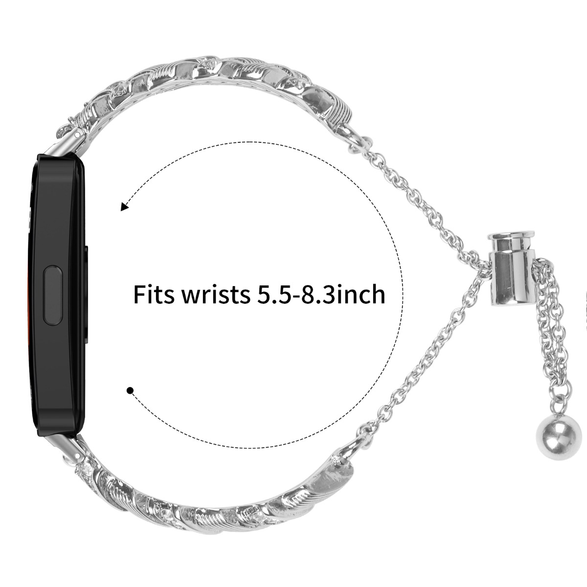 Smartwatch nero con cinturino a catena argentata. Adatto a polsi 14-21 cm.