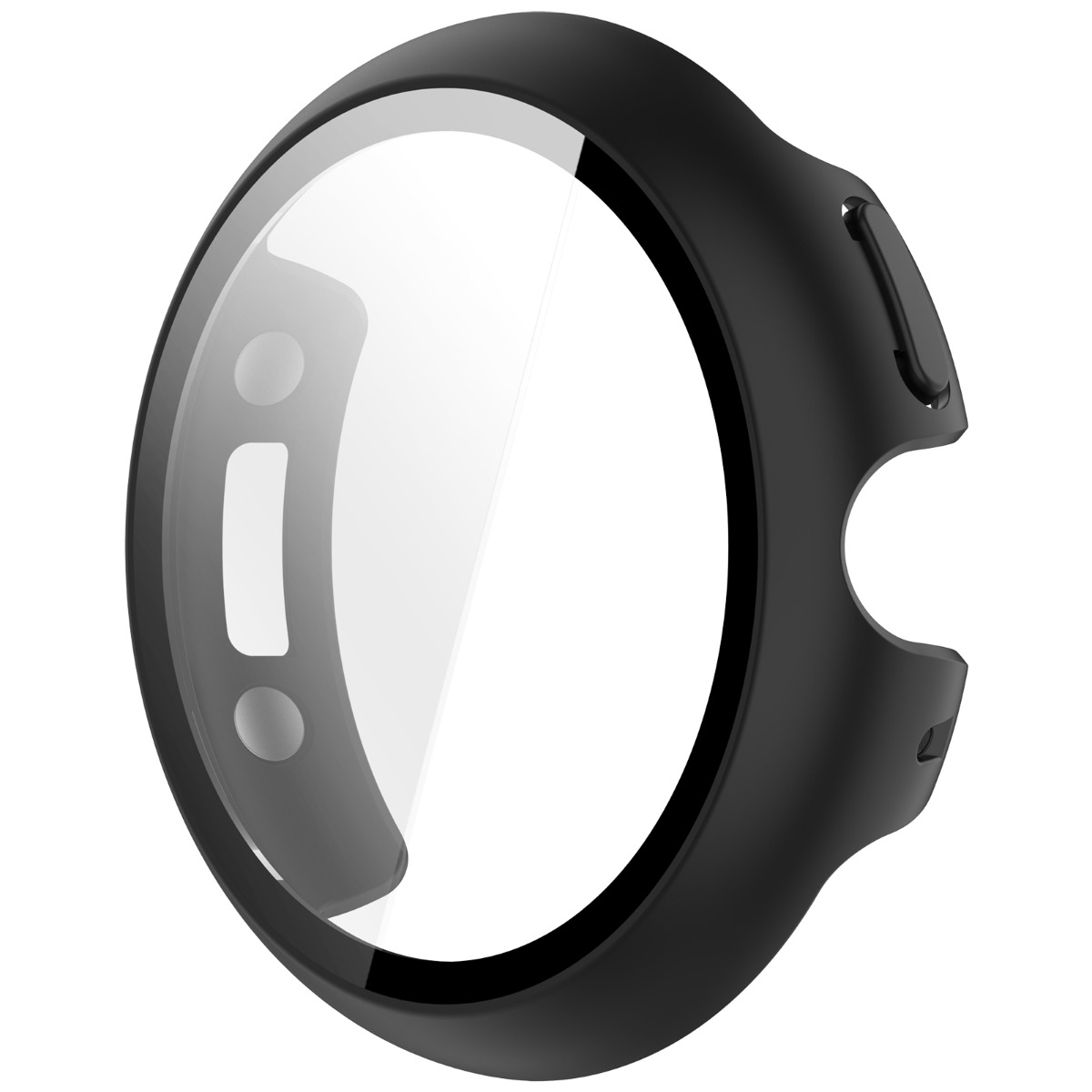Protezione per orologio nera con area display trasparente e ritagli.