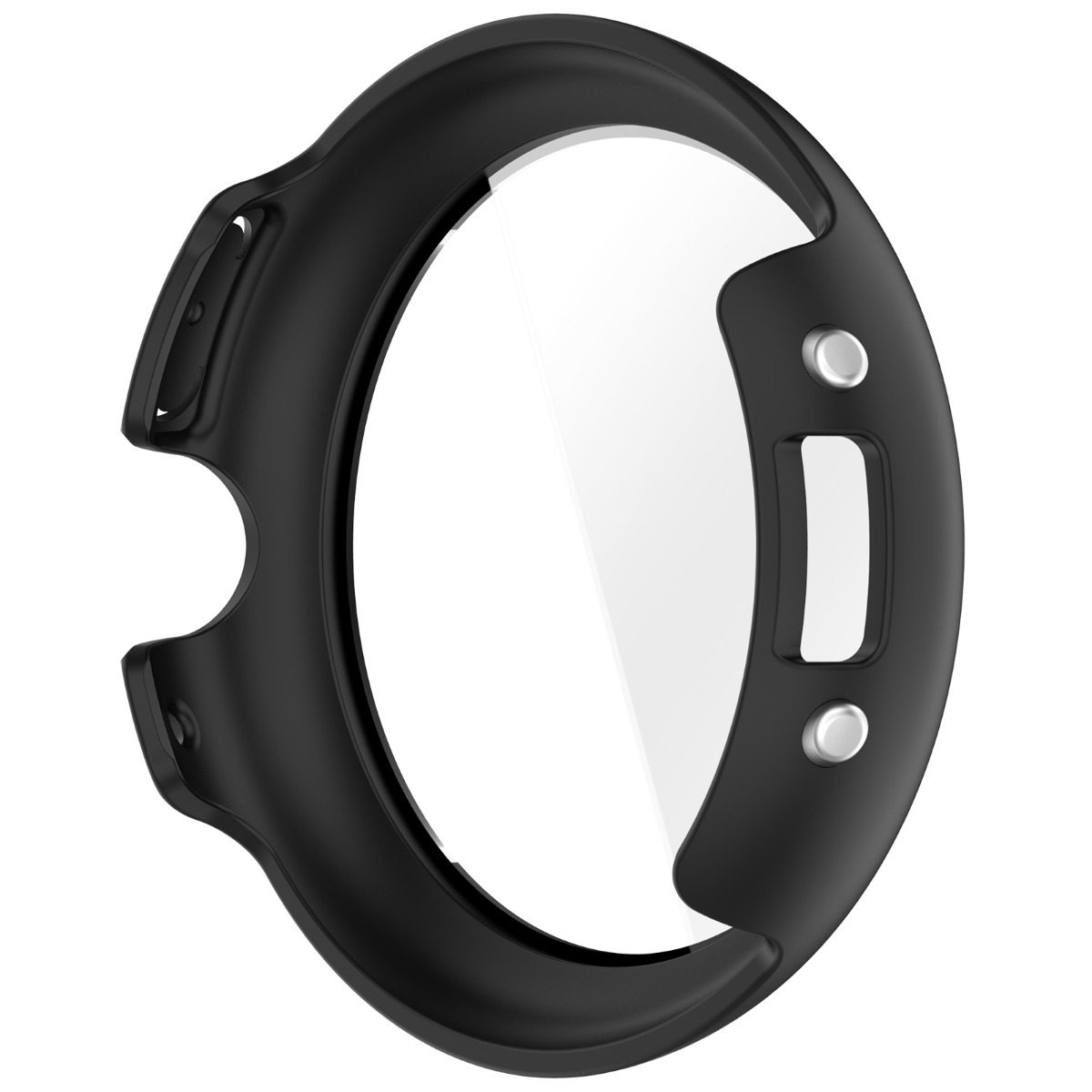Custodia nera per orologio con pulsanti argentati e ritagli.