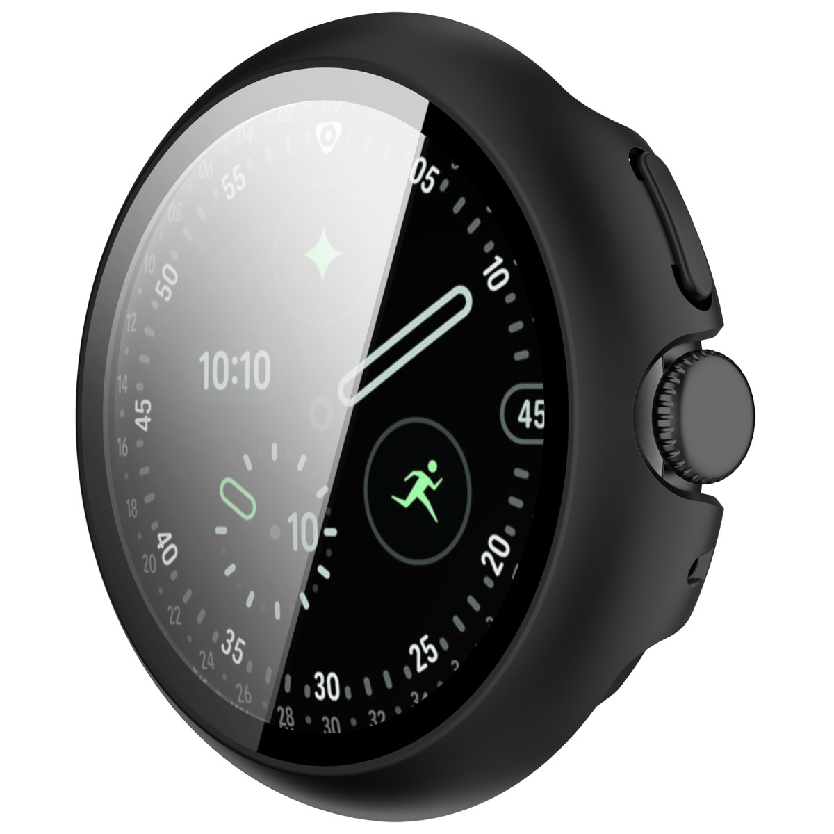 Smartwatch nero con cinturino nero, mostra 10:10 e un'icona di corridore.
