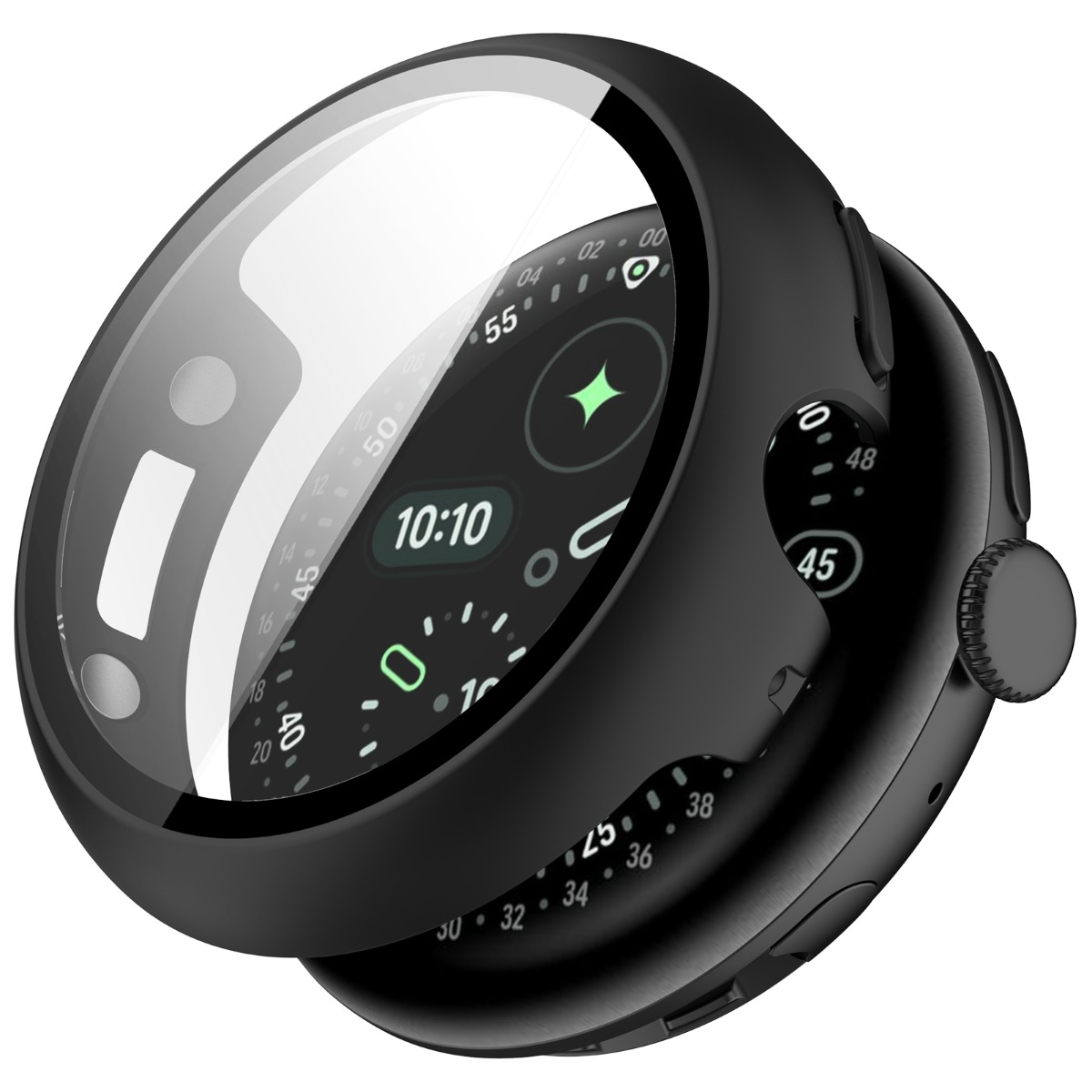 Smartwatch nero con custodia protettiva trasparente. Mostra le 10:10.