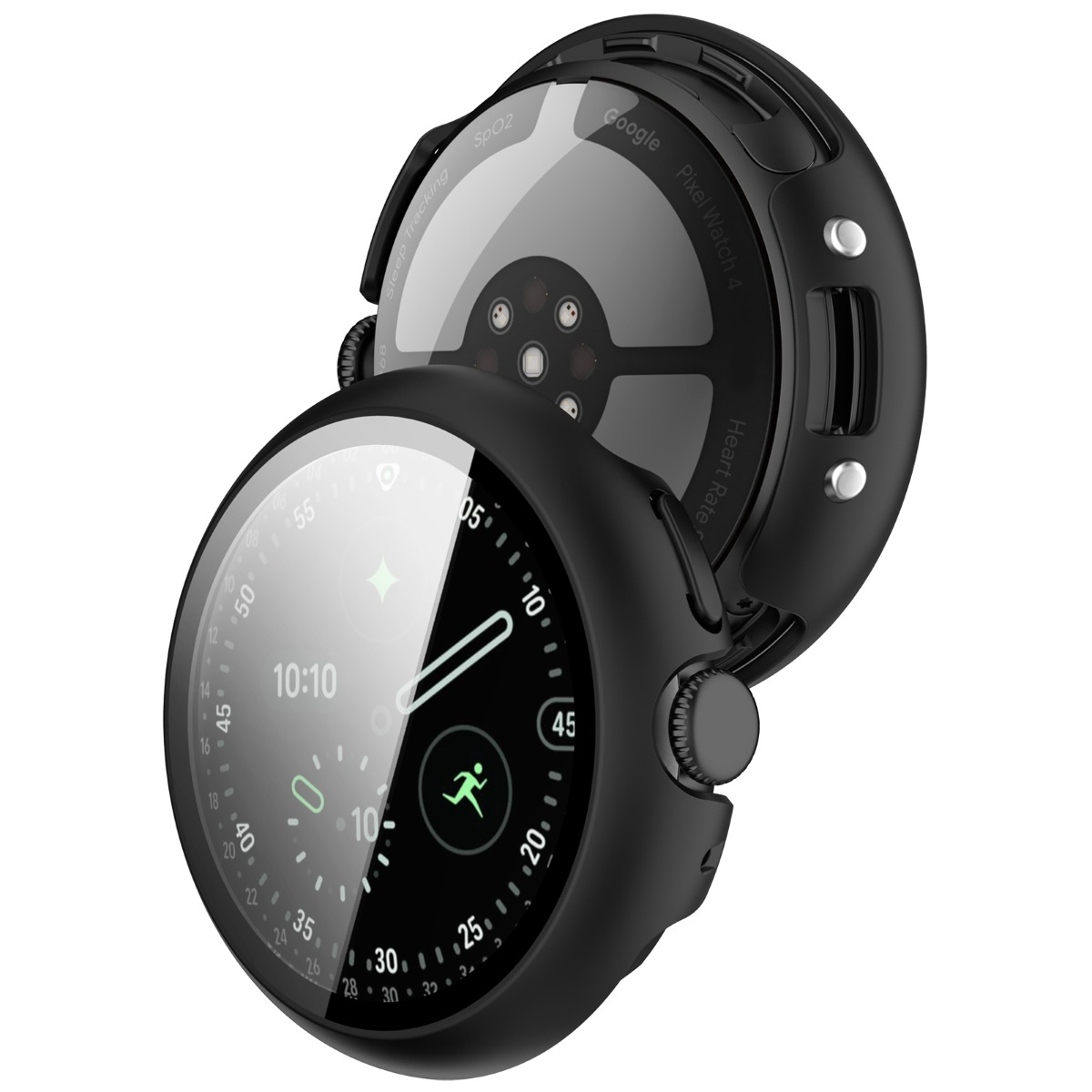 Vengono mostrati due smartwatch Google Pixel neri, uno mostra ora e attività, l'altro sensori.