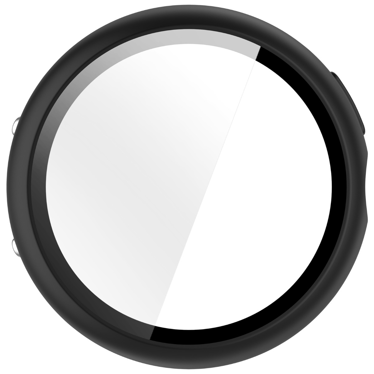 Protezione nera per smartwatch con quadrante bianco e lunetta nera.
