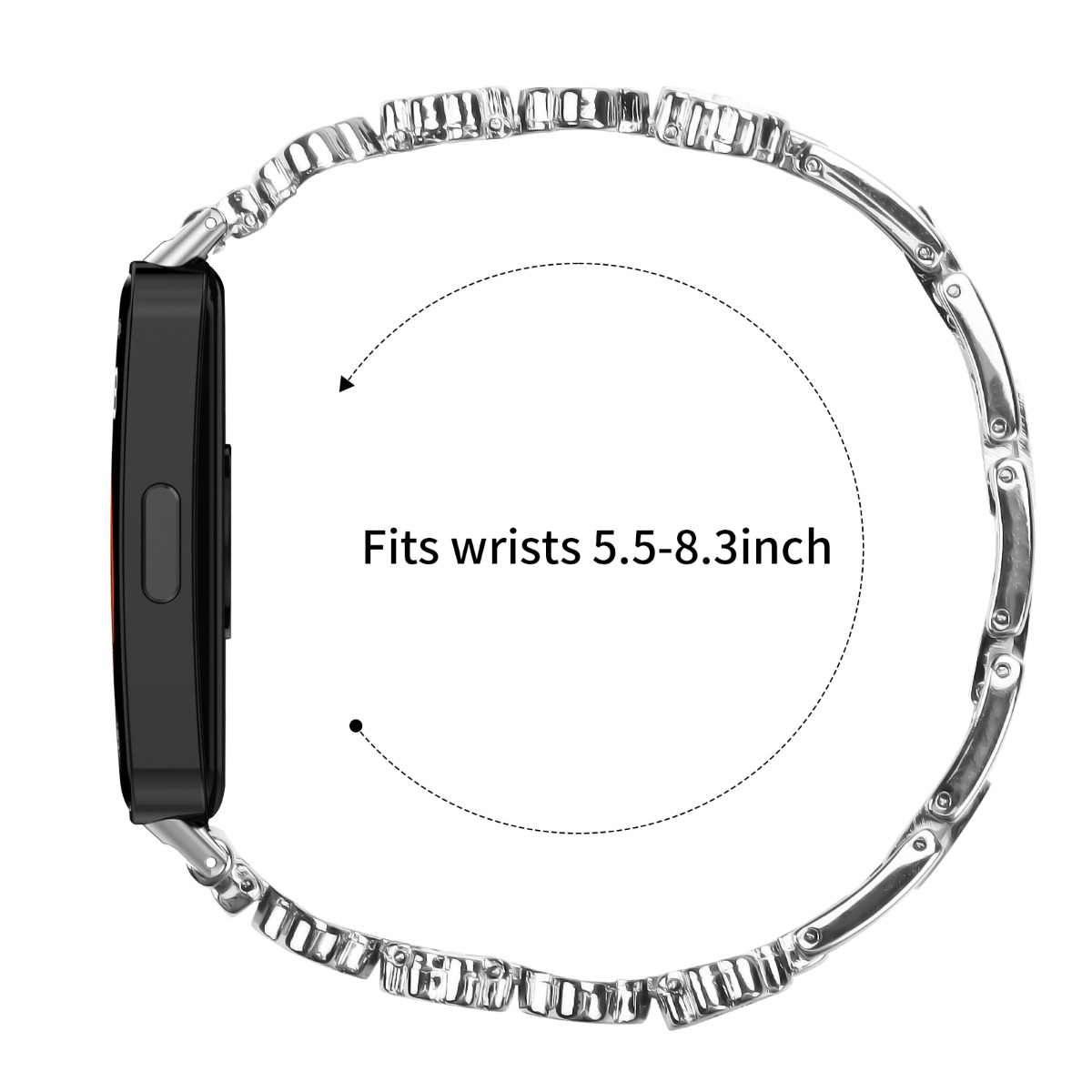 Ein silbernes Armband für ein schwarzes rechteckiges Gerät, passend für 5,5-8,3-Zoll-Handgelenke.