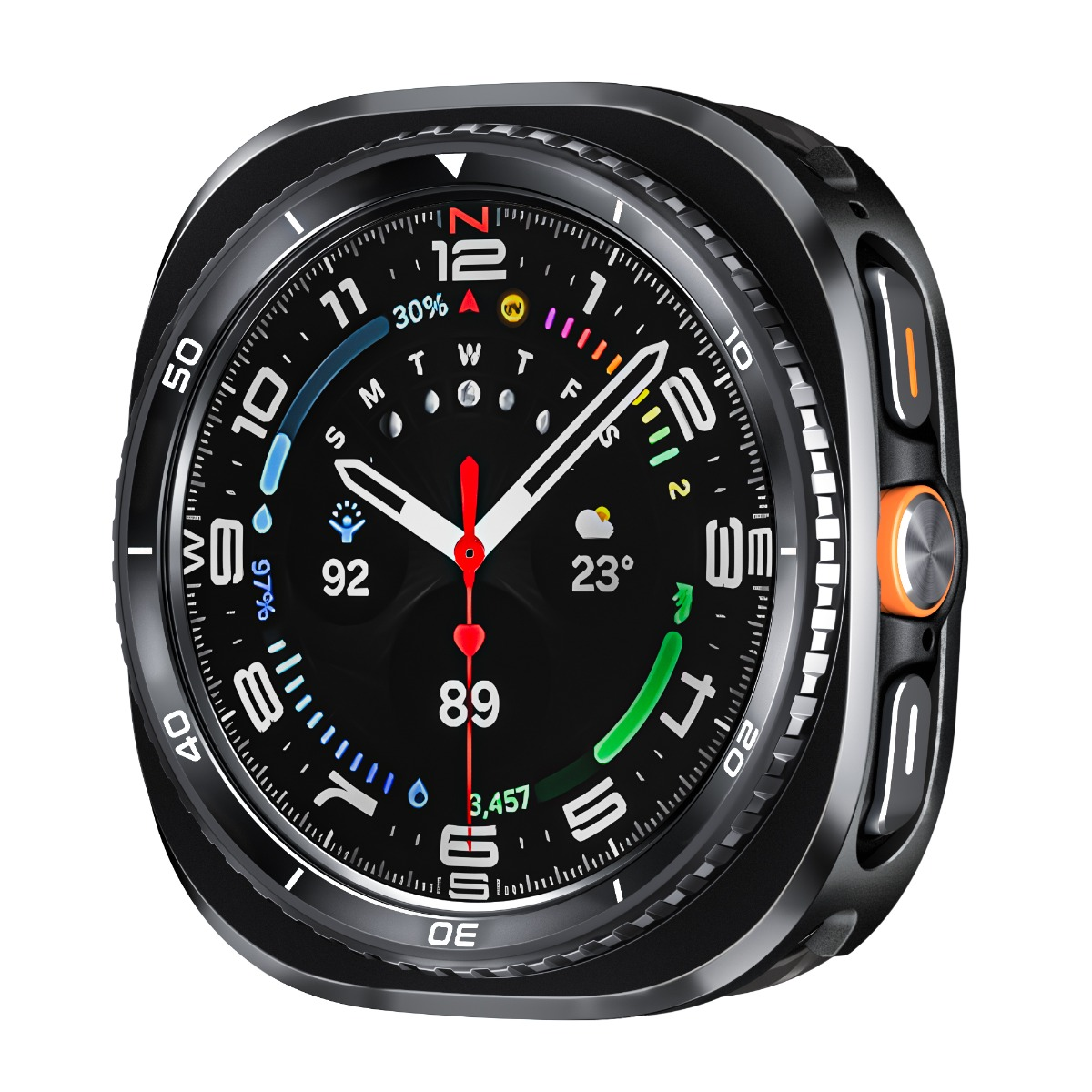 Uno smartwatch nero con pulsante arancione mostra ora, data, meteo e statistiche attività.