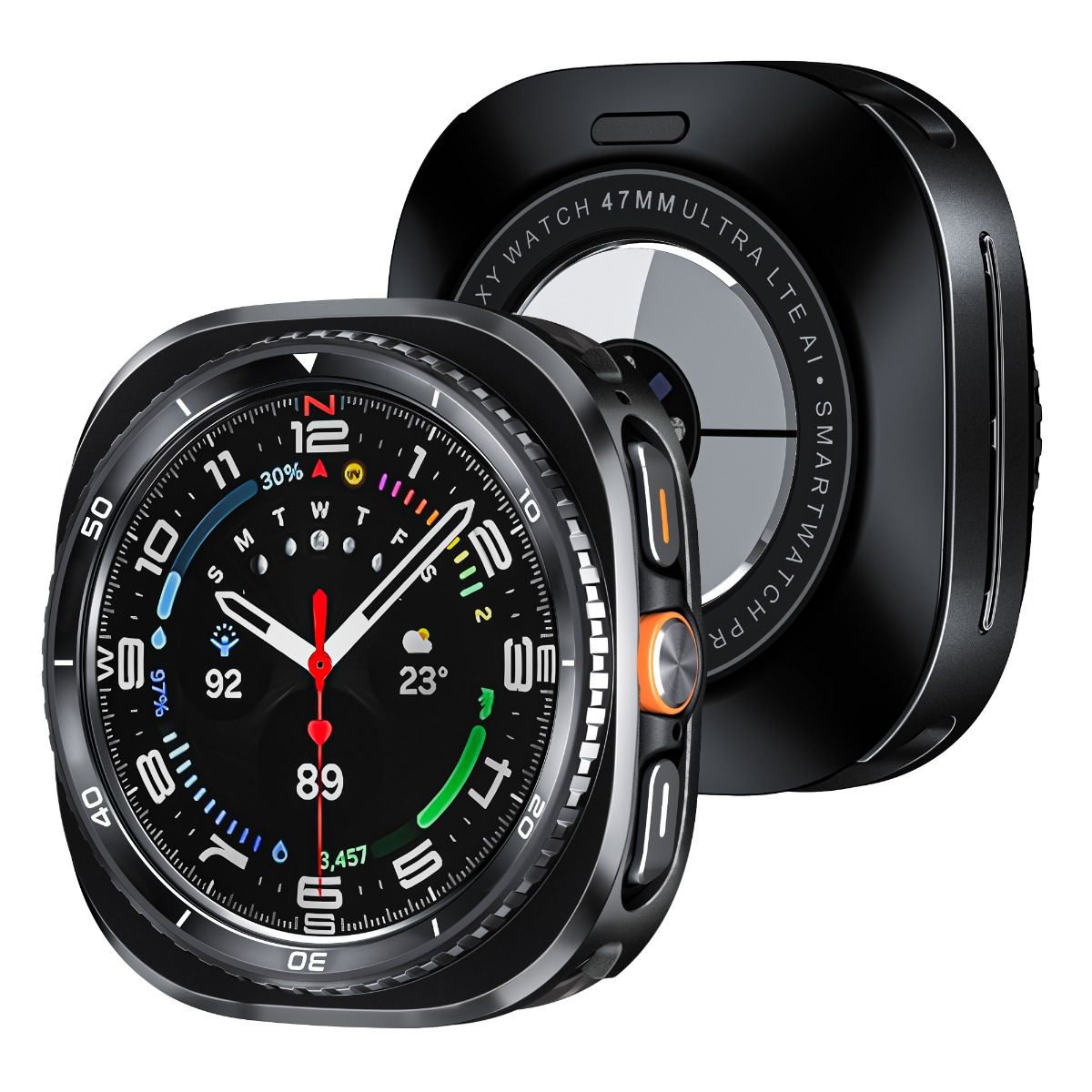 Orologio smart nero con quadrante digitale che mostra meteo e battito cardiaco.