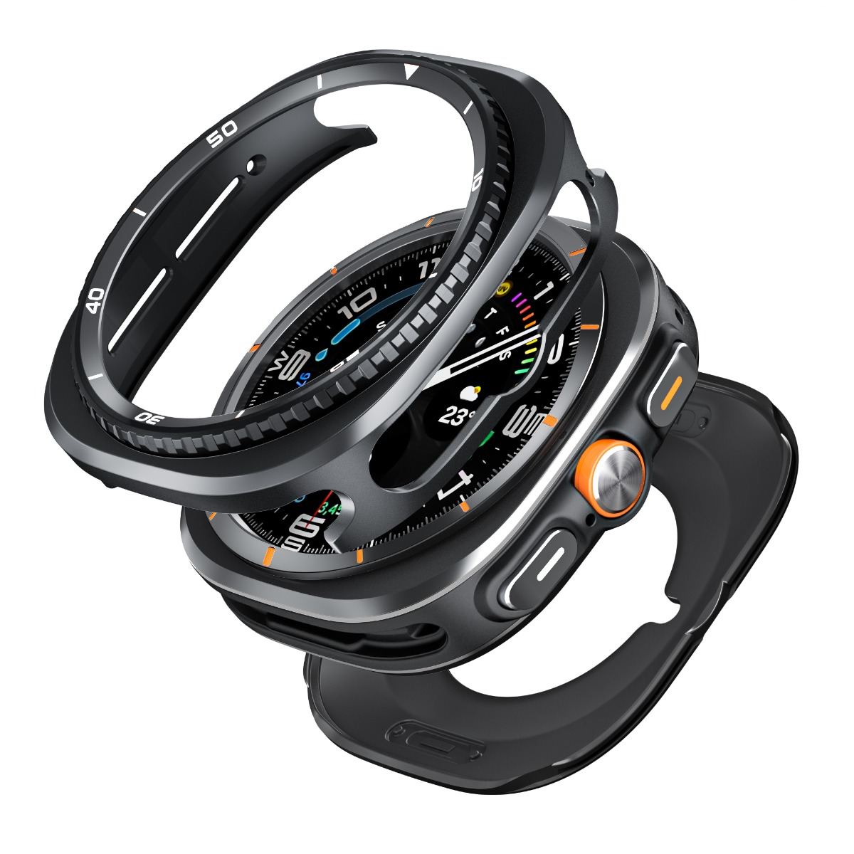 Una cassa di smartwatch smontata con lunetta e quadrante.