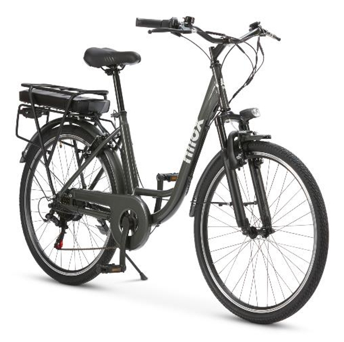 Ein graues E-Bike mit Akku auf dem Gepäckträger ist abgebildet.