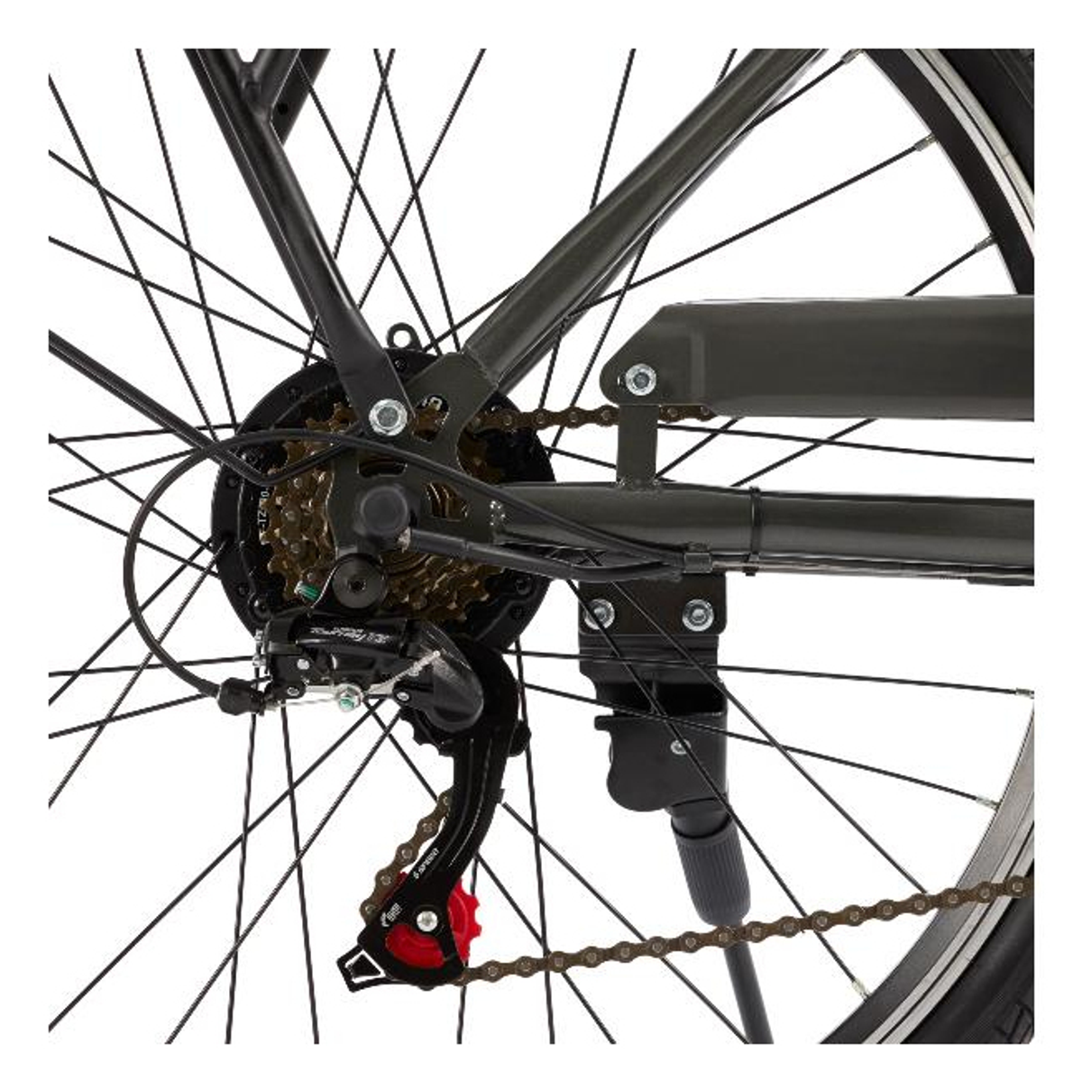 Nahaufnahme des Hinterrads eines E-Bikes mit Schaltwerk, Kassette und Kette.