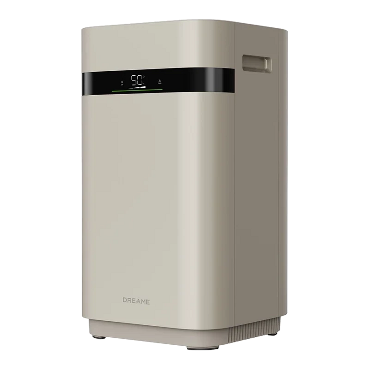 Un purificador de aire beige con pantalla digital que muestra 50 grados.