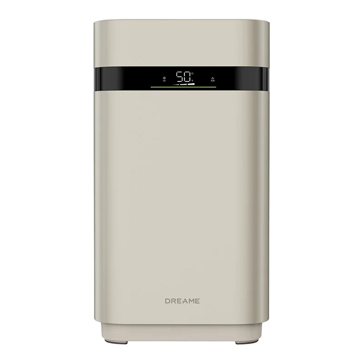 Un purificador de aire Dreame beige con pantalla negra que muestra '50'.
