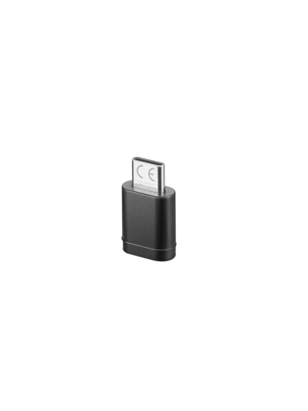 Un adattatore USB-C nero con marchio CE.